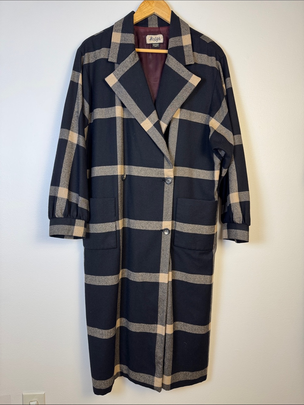 Vintage Helga Black and Tan Windowpane Plaid Long Trench Coat L